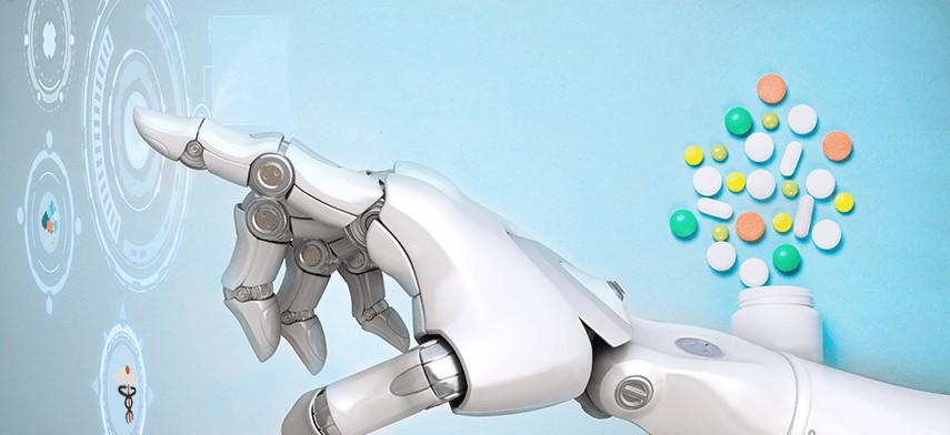 Robot hand touching virtual screen, with a botlle of pills in the background